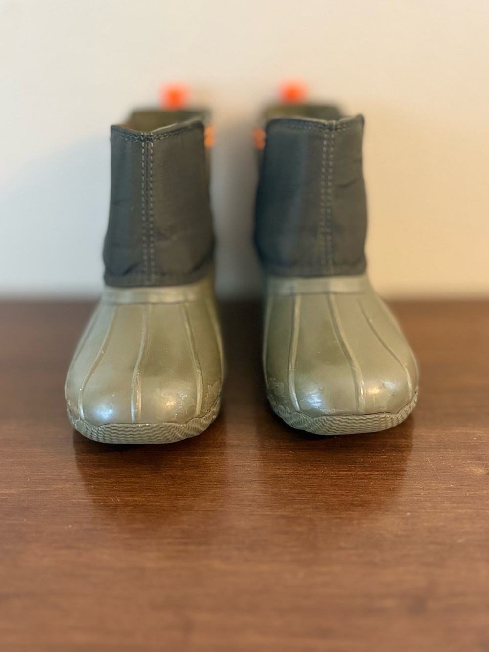 Sperry Kids Olive Green and Black Duck Rain Boots with Orange Pull Tabs